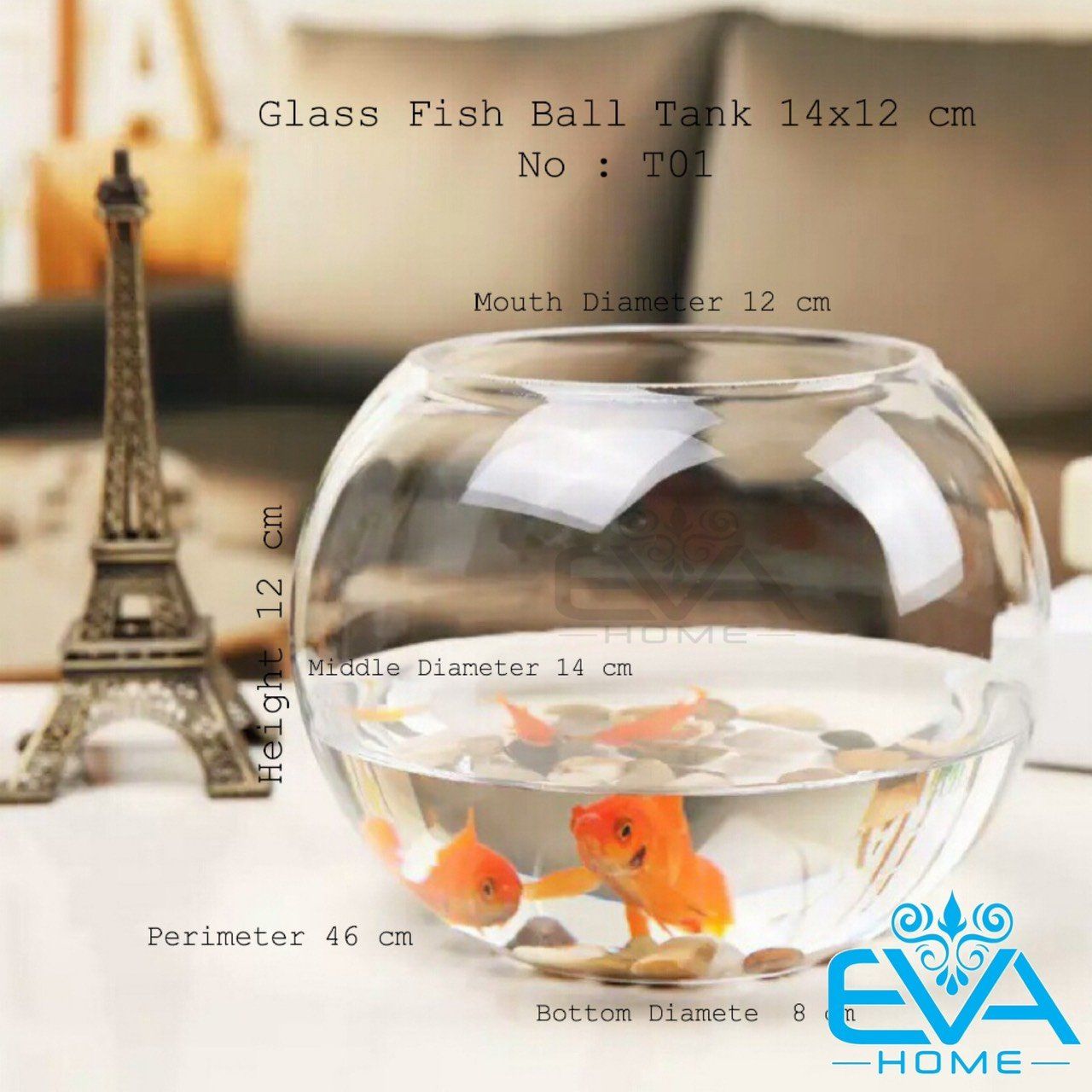 Chậu Thuỷ Tinh Dùng Làm Hồ Cá Bể Cá Để Bàn Dáng Tròn Bầu T01  Round Glass Aquarium Size 14 x 12 Cm