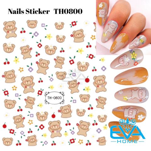  Sticker Dán Móng Tay 3D Dạng Decal Dán Chống Nước Hoạ Tiết Gấu Teddy Bear And Flowes TH0800 