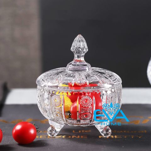  Thố Mứt Thuỷ Tinh Pha Lê 3 Chân Hoạ Tiết Hoa Nổi Nhỏ Flower Engraved Glass Candy Jar Sang Trọng / Thố Mứt Tết Delisoga Tiệp T15 