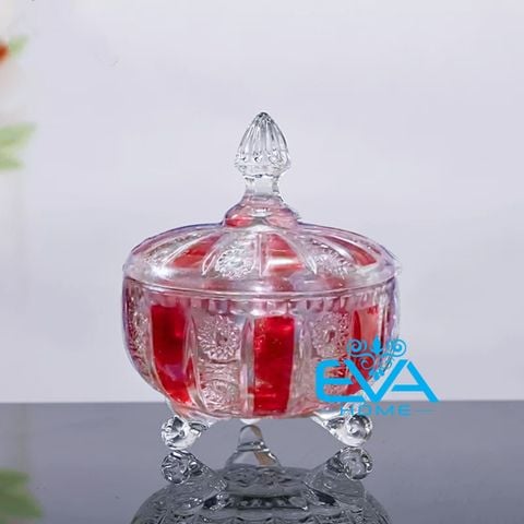  Thố Mứt Thuỷ Tinh Pha Lê 3 Chân Màu Họa Tiết Hoa Nổi Nhỏ Vintage Covered Cut Candy Jar with Lid T15 