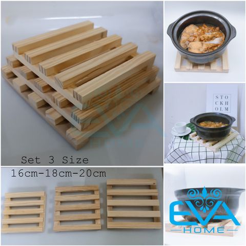  Set 3 Miếng Lót Nồi Gỗ Vuông 16-18-20cm Cách Nhiệt Bàn Ăn / Set Of 3 Pieces Square Wooden Trivet 