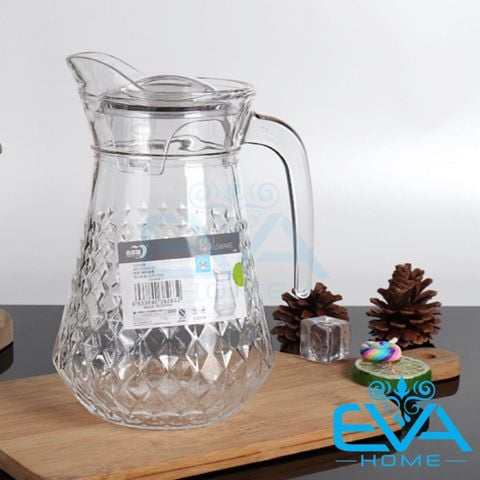  Bình Thuỷ Tinh Đựng Nước 1.6L Quai Cầm Miệng Rót Hoa Tiết Hinh Thoi EH1002-1C Rhombus Glass Jar 1580ML 