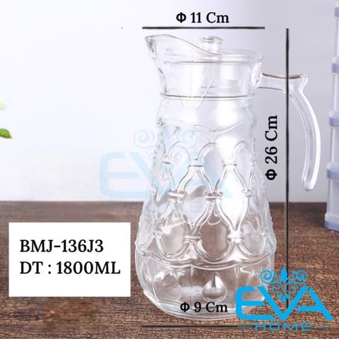  Bình Thuỷ Tinh Đựng Nước 1.8L Quai Cầm Miệng Rót Hoa Văn Trelles Vintage BMJ-136J3 1.800ML 