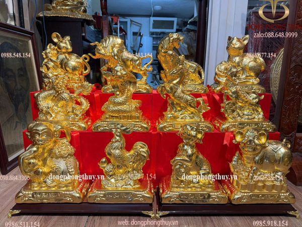 Bộ 12 con giáp chữ Việt bằng đồng dát vàng 24k cao 29cm nặng 5kg 1 con