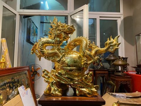 Tượng rồng mạ vàng - tượng rồng bằng đồng đỏ dát vàng 24k cao 44cm