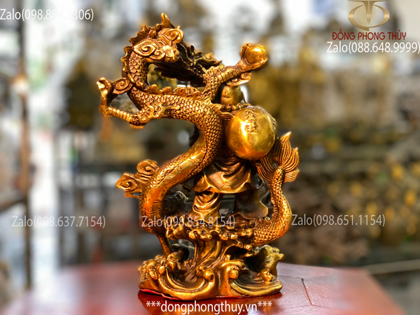 Tượng phật di lặc bằng đồng vác bao tiền dâng tiền cưỡi rồng lướt mây 23,5cm