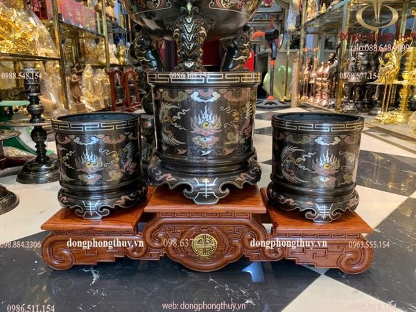 Bộ 3 bát hương đồng khảm ngũ sắc bên RỒNG bên PHƯỢNG 23cm + 2 bát  18cm