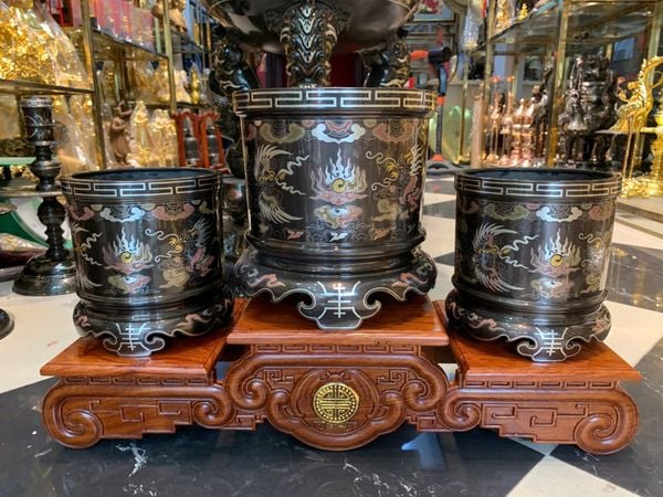 Bộ 3 bát hương đồng khảm ngũ sắc bên RỒNG bên PHƯỢNG 23cm + 2 bát  18cm