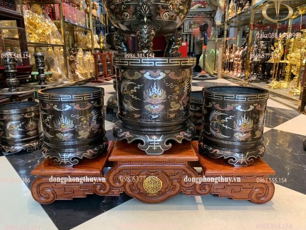 Bộ 3 bát hương đồng khảm ngũ sắc bên RỒNG bên PHƯỢNG 23cm + 2 bát  18cm