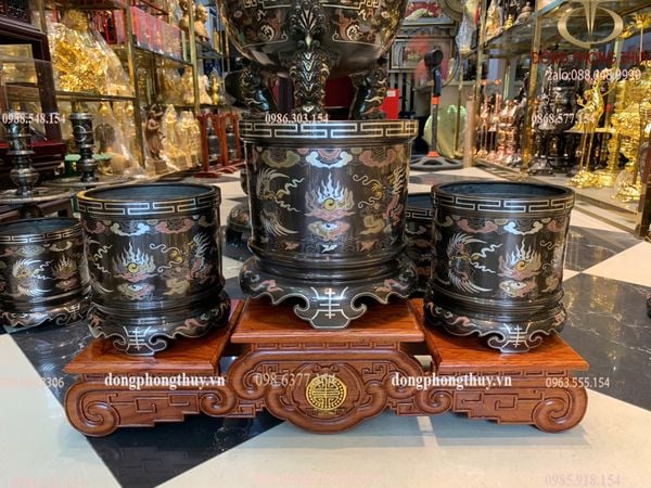 Bộ 3 bát hương đồng khảm ngũ sắc bên RỒNG bên PHƯỢNG 23cm + 2 bát  18cm