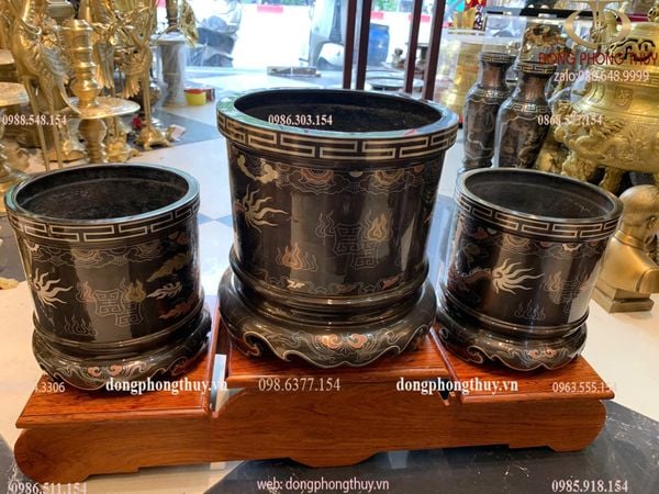 Bộ 3 bát hương đồng khảm ngũ sắc bên RỒNG bên PHƯỢNG 23cm + 2 bát  18cm
