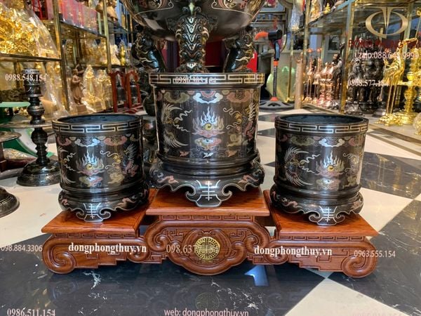 Bộ 3 bát hương đồng khảm ngũ sắc bên RỒNG bên PHƯỢNG 23cm + 2 bát  18cm