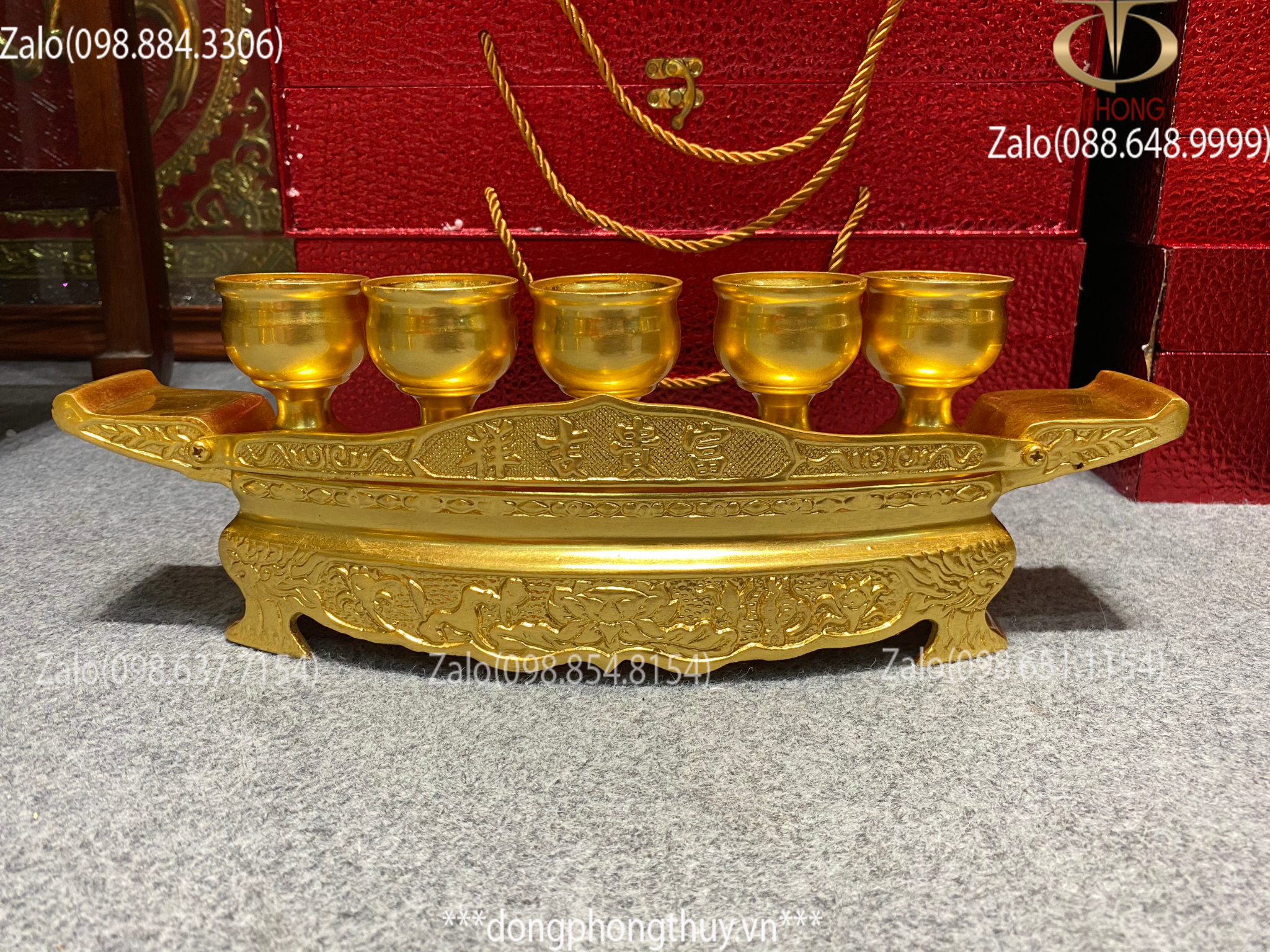 bộ ngai 5 chén bằng đồng mạ vàng 24k