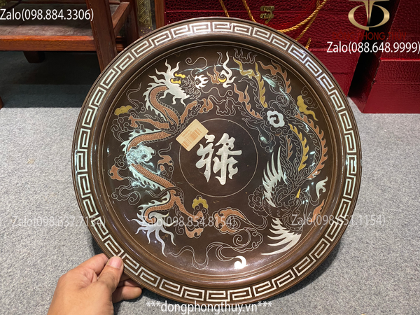 Mâm bồng đồng khảm ngũ sắc đẹp 35cm nặng 5.8kg cao 11cm