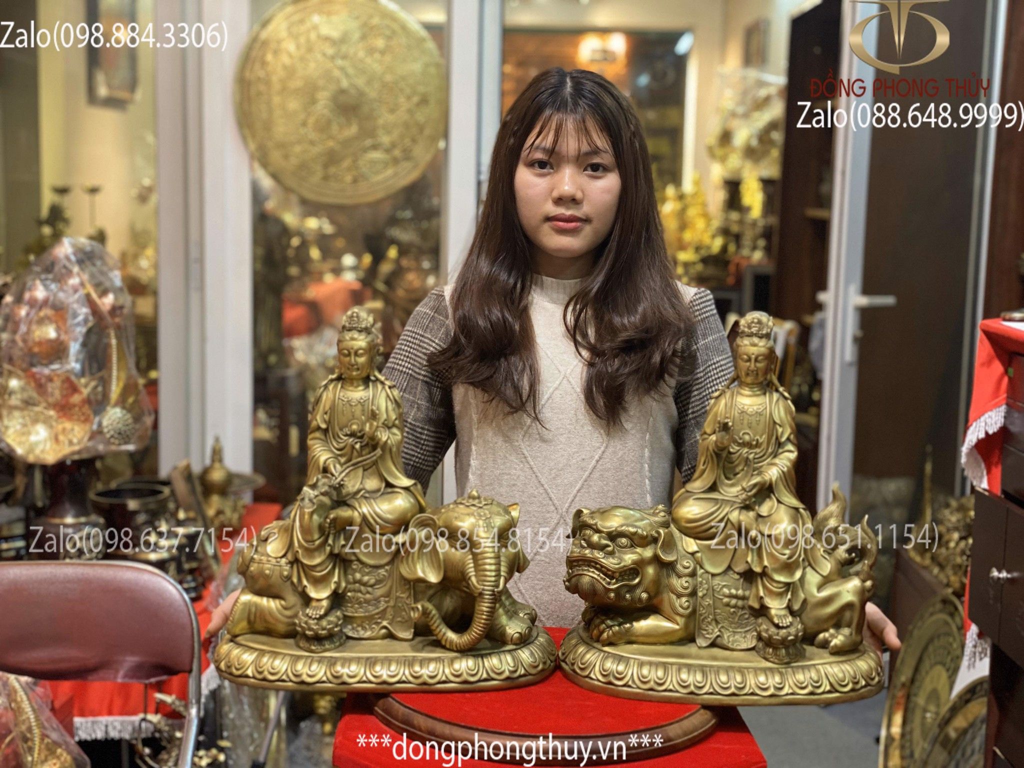 Tượng Văn Thù Phổ Hiền Bồ Tát Bằng Đồng Cao 41cm