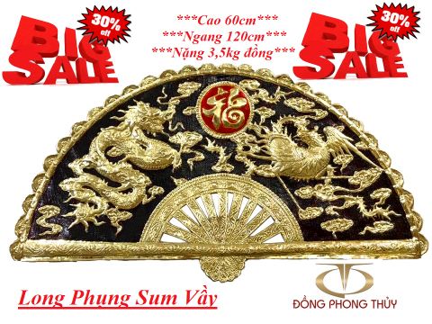 Tranh Quạt Long Phụng Sum Vầy bằng đồng 60*1m2 nền đen