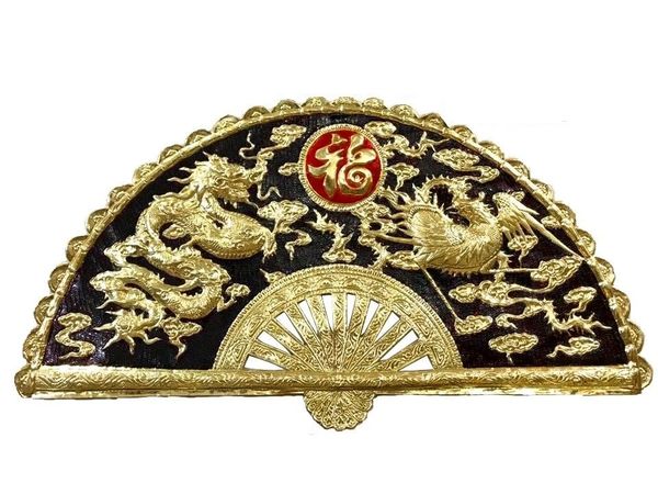 Tranh Quạt Long Phụng Sum Vầy bằng đồng 60*1m2 nền đen