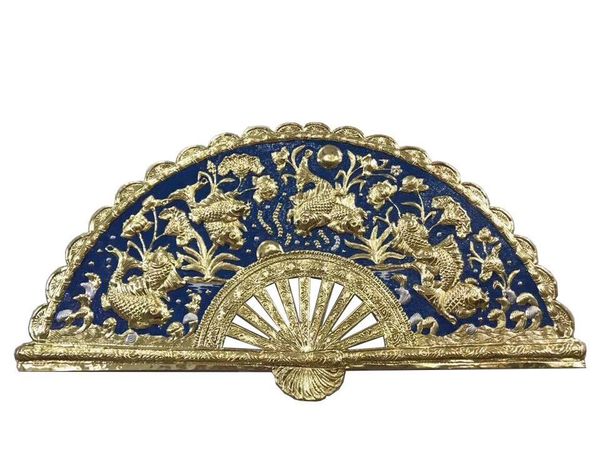Tranh Quạt Cửu Ngư Quần Hội bằng đồng 60cm*1m2 nền xanh