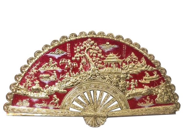 Tranh Quạt Đồng Quê bằng đồng 60cm*1m2 nền đỏ