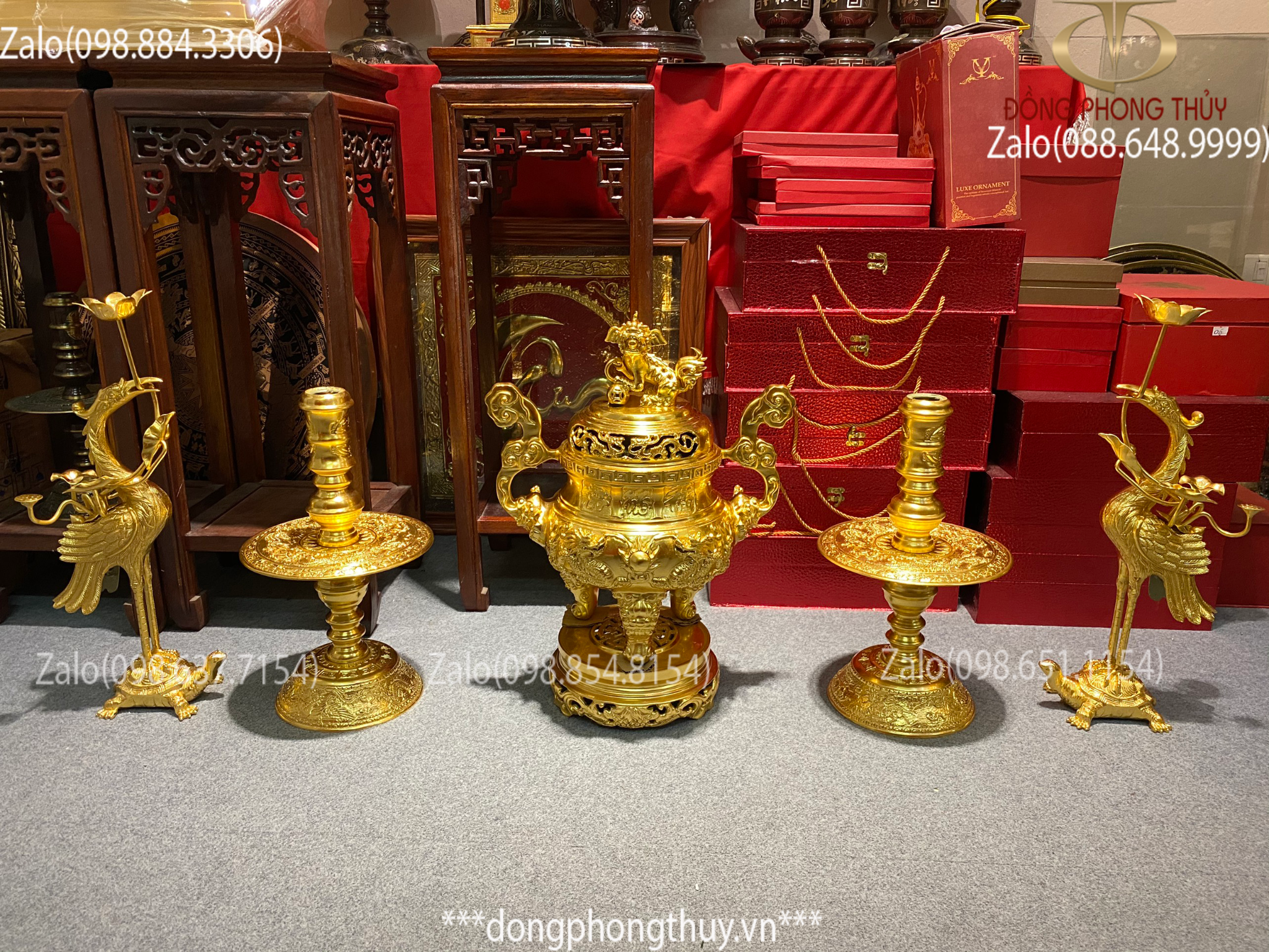 Bộ ngũ sự đỉnh đồng 40cm dát vàng 24k