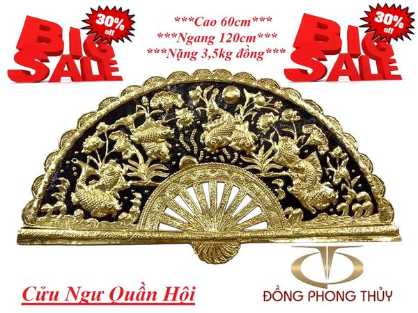 Tranh Quạt Cửu Ngư Quần Hội bằng đồng 60cm*1m2