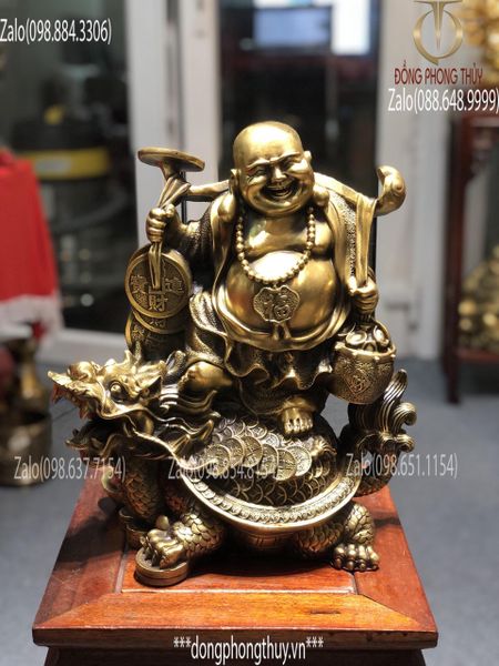 Tượng phật Di Lặc Gánh Tiền Bằng Đồng Cưỡi Long Quy Cao 36cm nặng 7kg