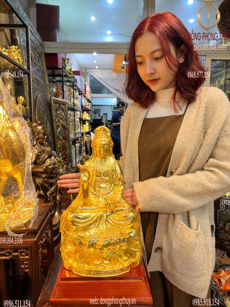 Tượng phật Quan Âm ngồi đài sen bằng đồng dát vàng 24k Cao 39cm nặng 4,8kg