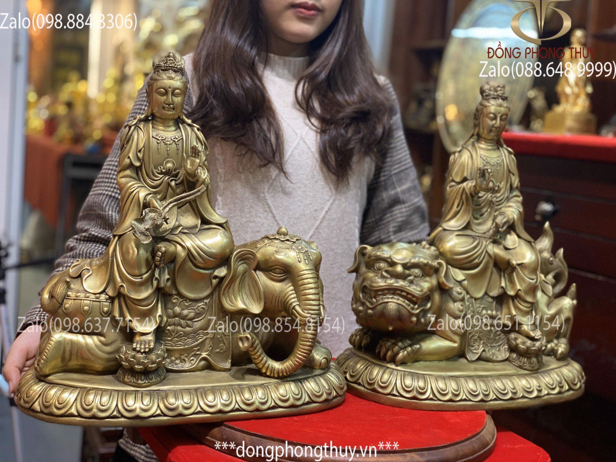 Tượng Văn Thù Phổ Hiền Bồ Tát Bằng Đồng Cao 41cm