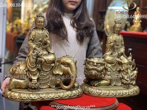 Tượng Văn Thù Sư Lợi + Phổ Hiền Cưỡi Linh Thú Bằng đồng, Cao 41cm