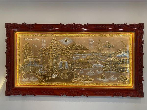 Tranh mạ vàng  - tranh đồng cội nguồn quê hương kt 1m25*2m35 mạ vàng 24k khung gỗ hương đỏ