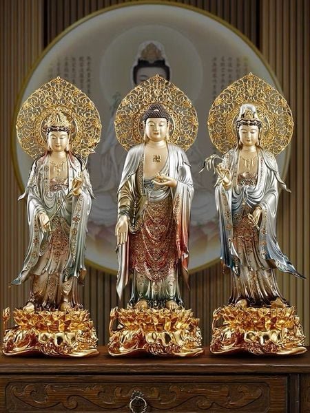 Tây Phương tam thánh đứng dát vàng 24k vẽ gấm tới đầu 48cm tới lá đề 54cm nặng 21kg/bộ