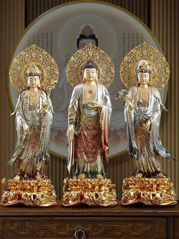 Tây Phương tam thánh đứng dát vàng 24k vẽ gấm tới đầu 48cm tới lá đề 54cm nặng 21kg/bộ