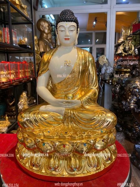 Tượng A Di Đà bằng đồng cao 40cm dát vàng 24k vẽ màu