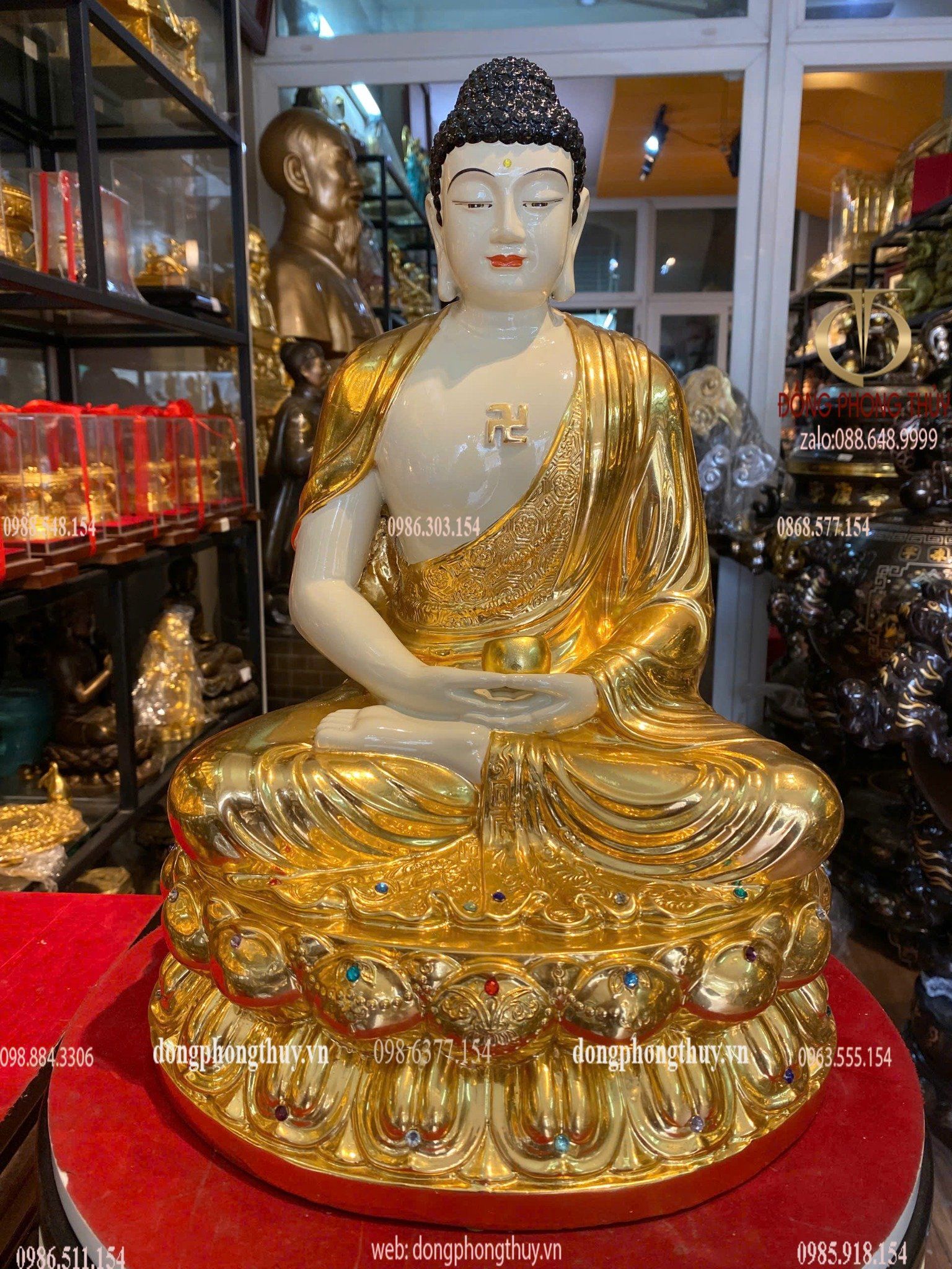 Tượng phật A Di Đà bằng đồng cao 40cm dát vàng 24k vẽ màu