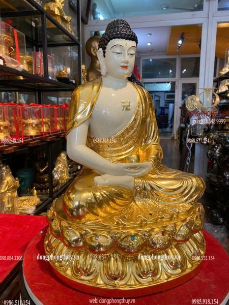 Tượng A Di Đà bằng đồng cao 40cm dát vàng 24k vẽ màu