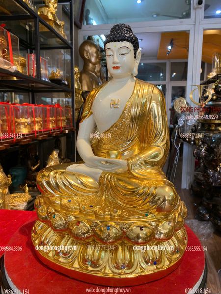 Tượng A Di Đà bằng đồng cao 40cm dát vàng 24k vẽ màu