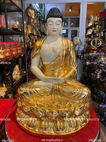 Tượng A Di Đà bằng đồng cao 40cm dát vàng 24k vẽ màu