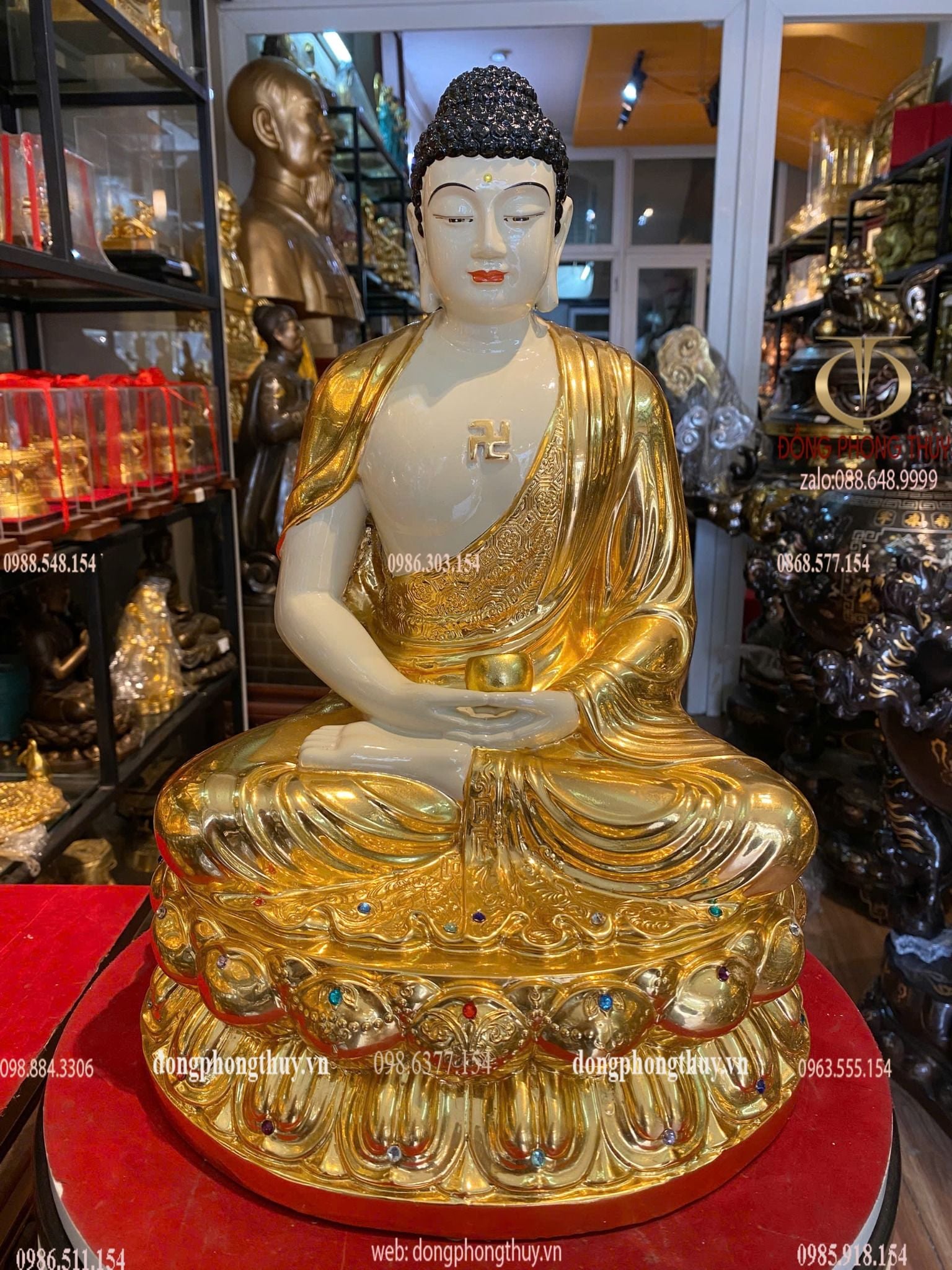 Tượng phật A Di Đà bằng đồng cao 40cm dát vàng 24k vẽ màu
