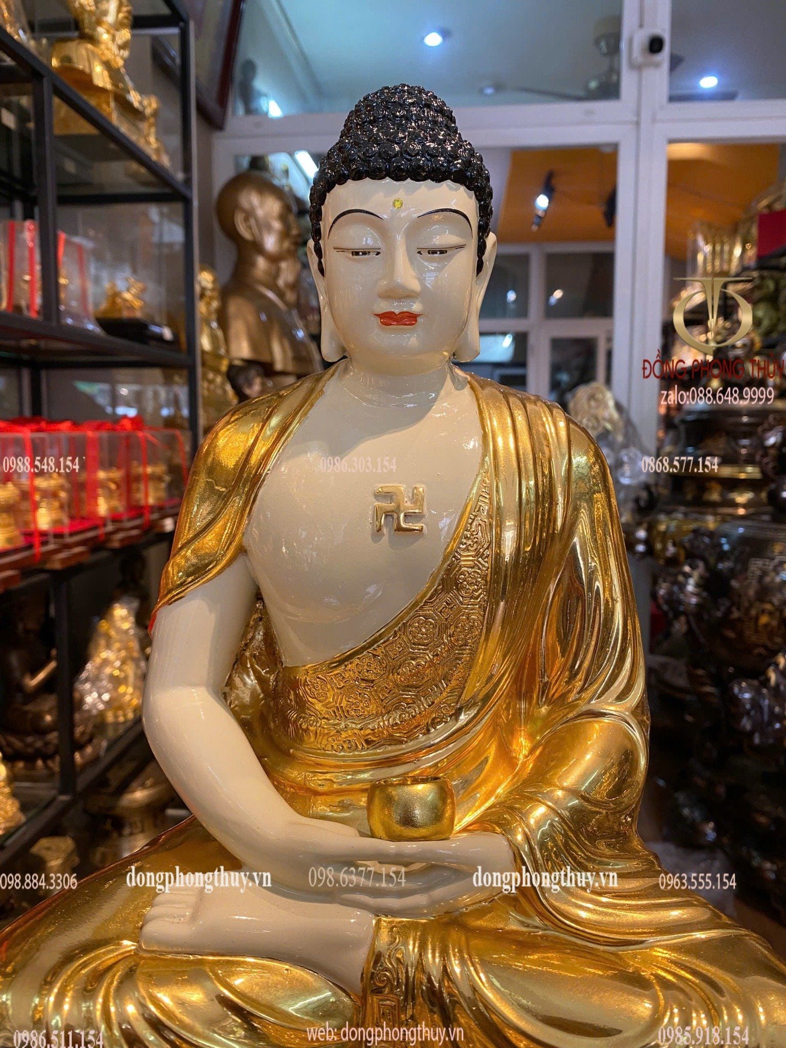 Tượng phật A Di Đà bằng đồng cao 40cm dát vàng 24k vẽ màu