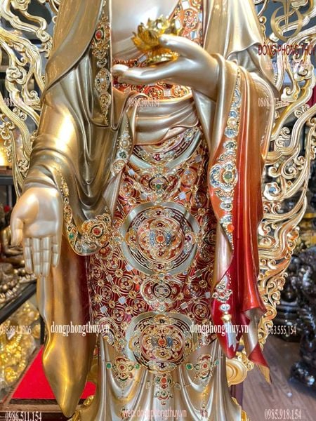 Tượng phật A Di Đà bằng đồng dát vàng 24k vẽ gấm cao cấp Cao 88