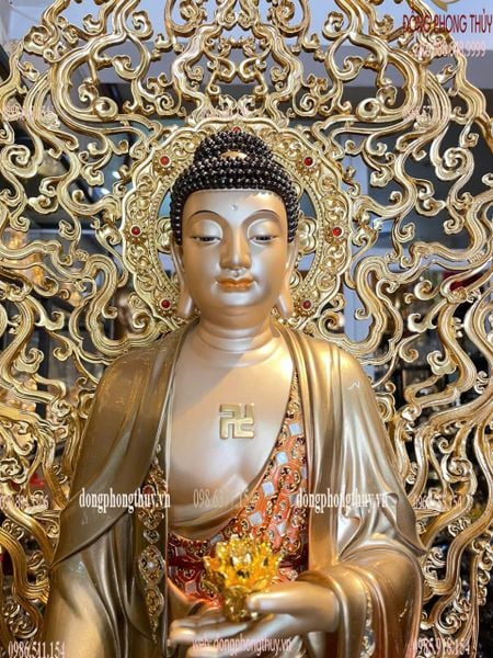 Tượng phật A Di Đà bằng đồng dát vàng 24k vẽ gấm cao cấp Cao 88