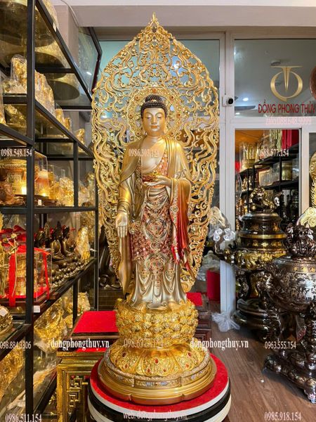 Tượng phật A Di Đà bằng đồng dát vàng 24k vẽ gấm cao cấp Cao 88