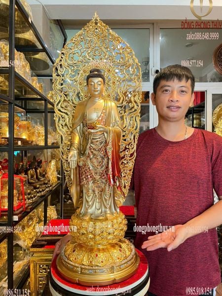 Tượng phật A Di Đà bằng đồng dát vàng 24k vẽ gấm cao cấp Cao 88