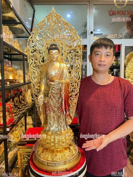 Tượng phật A Di Đà bằng đồng dát vàng 24k vẽ gấm cao cấp Cao 88
