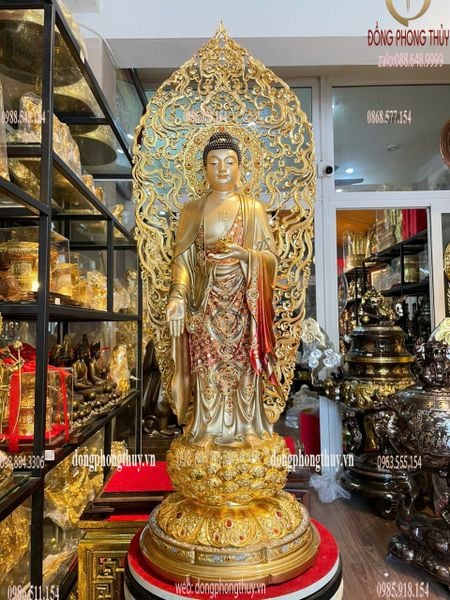 Tượng phật A Di Đà bằng đồng dát vàng 24k vẽ gấm cao cấp Cao 88