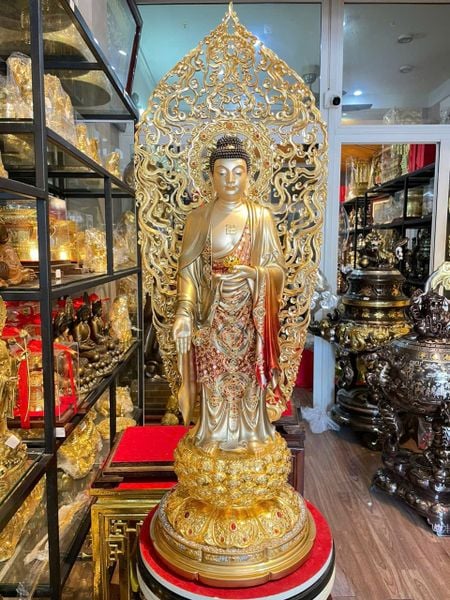 Tượng phật A Di Đà bằng đồng dát vàng 24k vẽ gấm cao cấp Cao 88