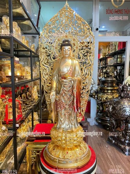 Tượng phật A Di Đà bằng đồng dát vàng 24k vẽ gấm cao cấp Cao 88