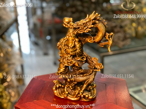 Tượng phật di lặc bằng đồng vác bao tiền dâng tiền cưỡi rồng lướt mây 23,5cm