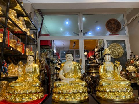 Tượng tây phương tam thánh 40cm dát vàng vẽ màu đính đá