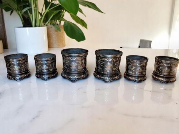 Bộ 6 bát hương đồng ngũ sắc bên RỒNG bên PHƯỢNG 2 bát 23cm+4 bát 18